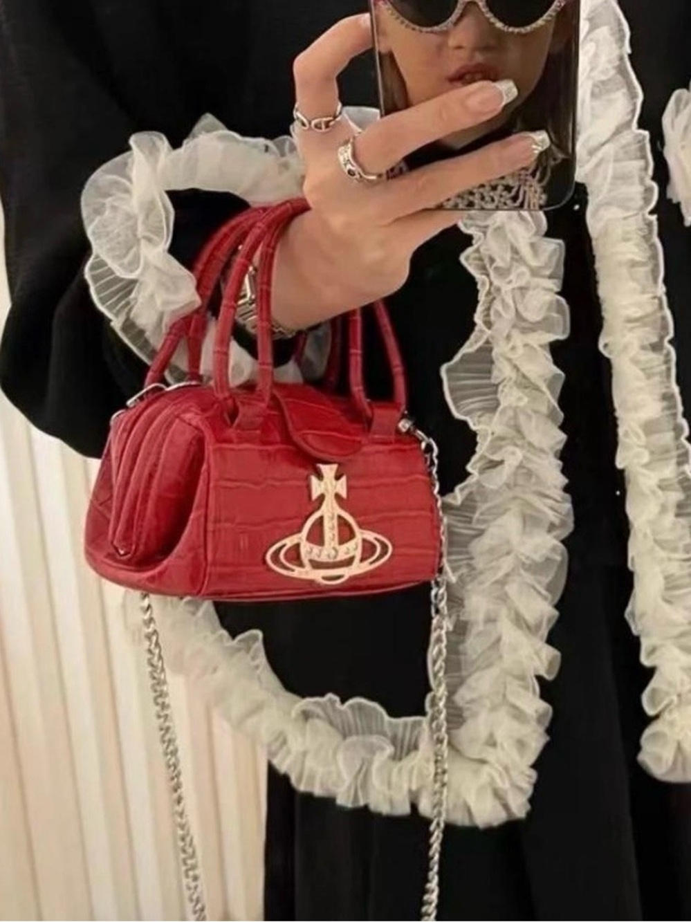 Vivienne Westwood Red Croc-Embossed Mini Satchel with Silver Orb